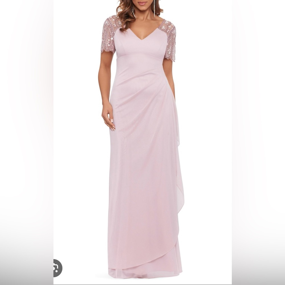Xscape beaded sleeve ruched column gown